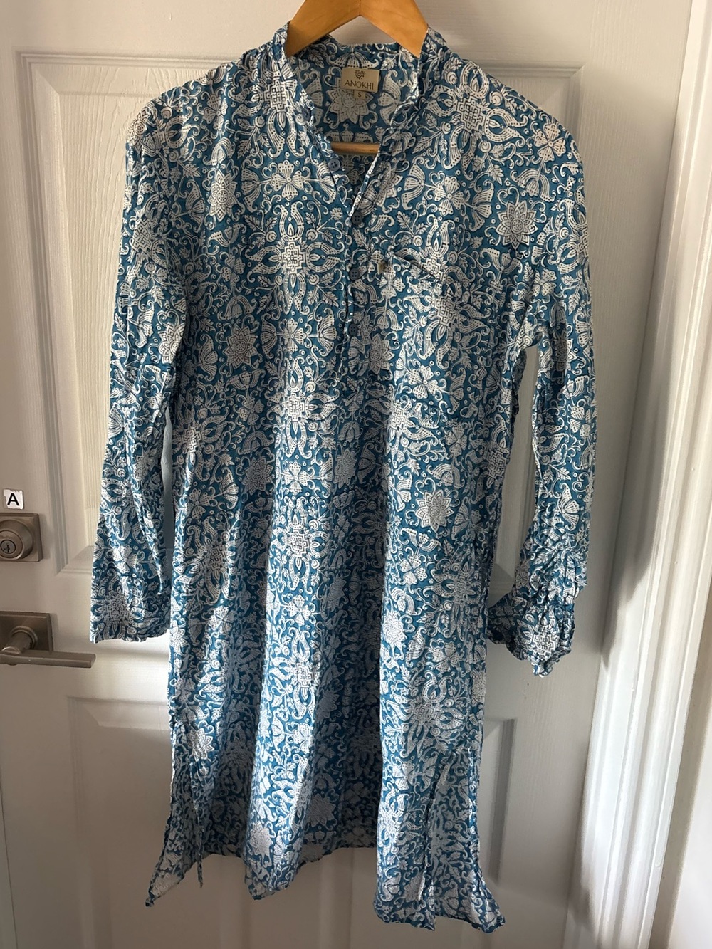 Authentic ANOKHI Hand Block Print Cotton Tunic Dress Blue White Size S